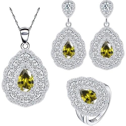 Women 925 Silver Jewelry Peridot Stone Wedding Ring Earrings Set for Women Earrings Jewelry
