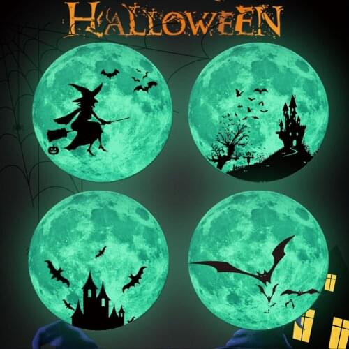 30cm Halloween Moon Wall Sticker Crow Dead Ghost Hand Pumpkin Luminous Moon Decoration Fluorescent Stickers Children Gift Decor