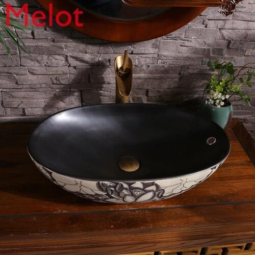 Black Lotus Table Basin Outdoor Ceramic Basin Retro Domestic Washbasin-Style Table Basin