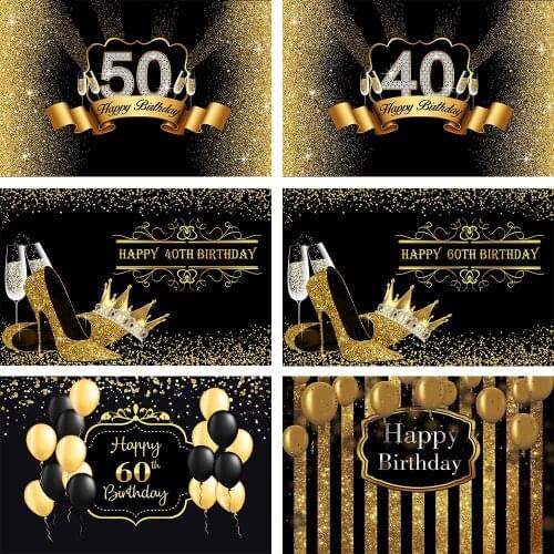 Avezano 50th 60th 40th Adults Birthday Party Backdrops Black Golden Crown Glitter High Heel Balloon Decor Photography Background