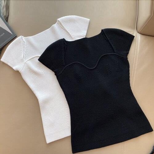 Women Short Sleeve Slim T Shirt Tops For Women White Tees New Women Summer Sexy Square Collar Knitted T Shirts Pure Color