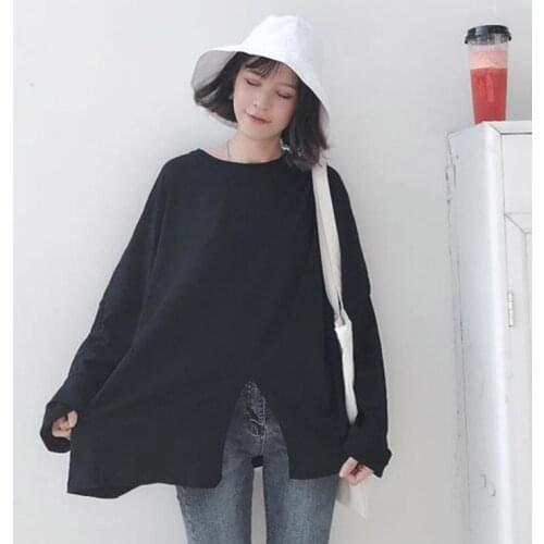 T-shirt Women Long Sleeve All-match Korean Version Loose Womens Irregular White Black Outside Ladies T-shirts Female Clothing