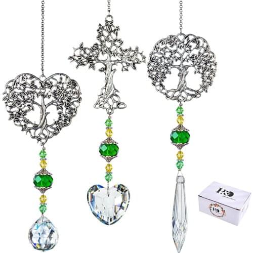 H&D 3pcs Tree of Life Suncatcher Ornament Rainbow Crystal Prisms Drops Decor Window Car Wall Art Hanging Pendant for Home Garden