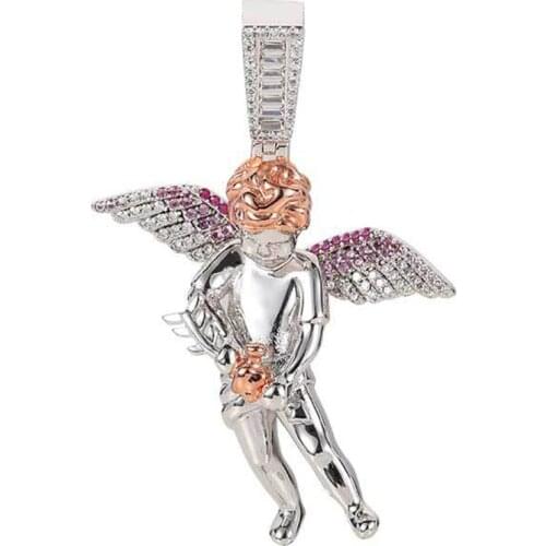 Bling Pink Wings Angel Pendant For Men Women 2 Colors AAA Zircon Necklace Hip Hop Jewelry