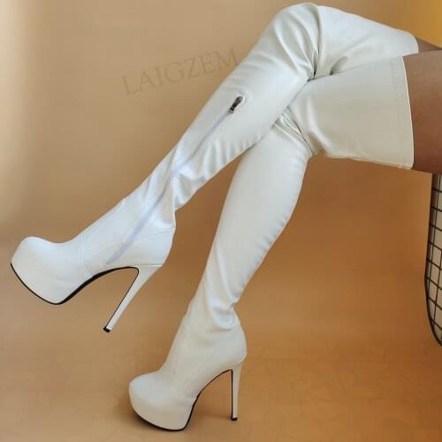 LAIGZEM Women Thigh High Platform Boots Faux Leather White Heeled Boots Side Zip Female Ladies Shoes Woman Big Size 42 43 46 52
