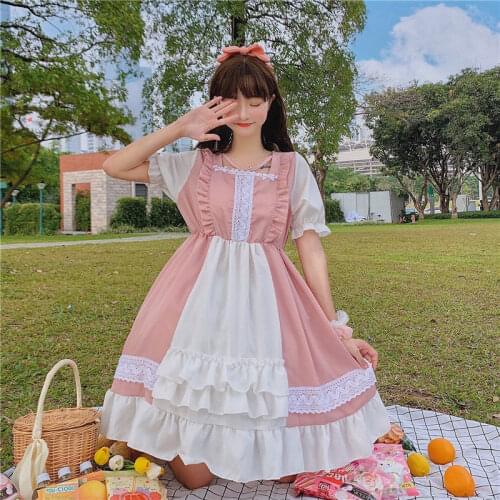 Lolita Summer Op Short Sleeve Japanese Soft Girl Daily Wear Lolitas Lovely Student Women Dress Pink Black Cosplay Anime Kawaii
