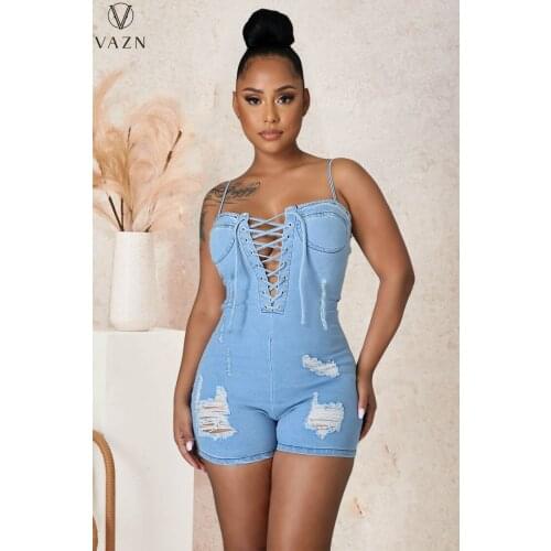 VAZN 2021 Hot Denim Playsuist Sexy Club Cross Bandage Young Spaghetti Strap Sleeveless Soft Elastic High Waist Skinny Playsuits