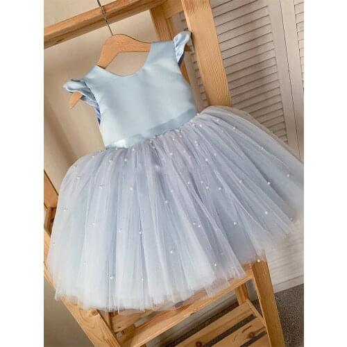 Sky Blue Baby Girl Birthday Dresses Pearls Tulle Flower Girl Dresses Little Princess Dresses Photography