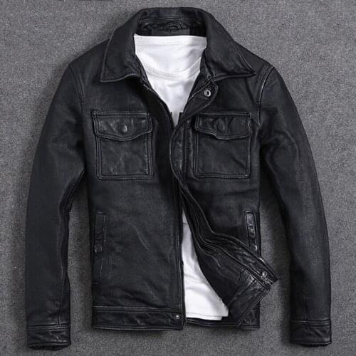 Slim Fit Motorcycle Cowhide Jackets For Men Vintage Mens Cow Leather Coats Old Fashion US Streetwear Spring Mens Clothing A972
