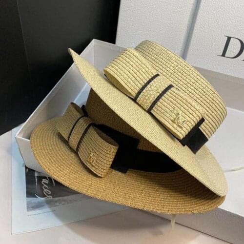 French Straw Flat Top Bow Female Sun Hats M Panama Elegant Wide Brim Anti-UV Beach Hat Womens Summer Sun Cap
