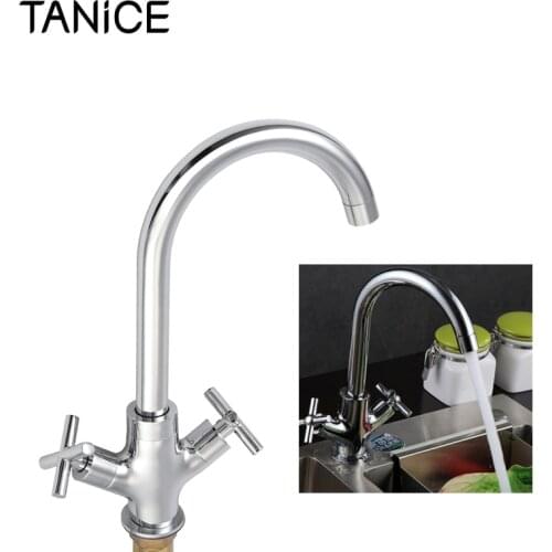 TANiCE 360 Swivel Hot & Cold Mixer Kitchen Tap Basin Mono Sink Cross Head Faucet Chrome Brass Monobloc Tap For Double Bowl Sinks