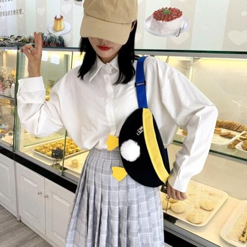 Cute Duck Crossbody Bag Women Hit Color Zipper Fanny Belt Bum Pouch Canvas Daily Travel Pompom Shoulder Pack with Earphone Hole