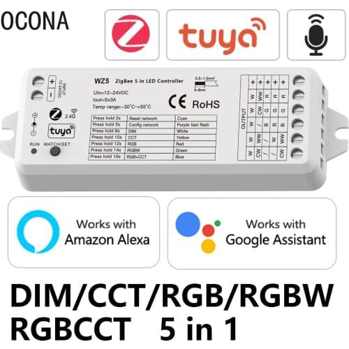 Tuya Smart ZigBee LED Controller 5 in 1 Phone APP Control 3A/Channel DIM CCT RGB RGBW RGBCCT Strip RF 2.4G Wireless DC 12V 24V