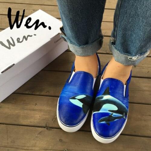 Wen Original Design Hand Painted Shoes Custom Cetacea Whale Swim Around Ocean Slip On Blue Canvas Sneakers Unisex Unique Gifts