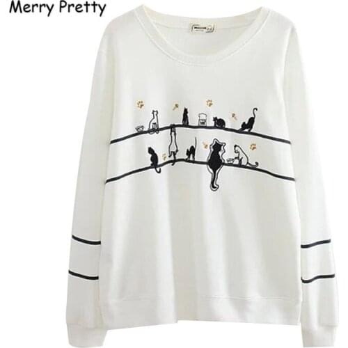 XUANHAO 2020 Women Cat Embroidery Gray White Hoodies long sleeve Preppy Style winter O-neck Casual sweatshirts pullovers