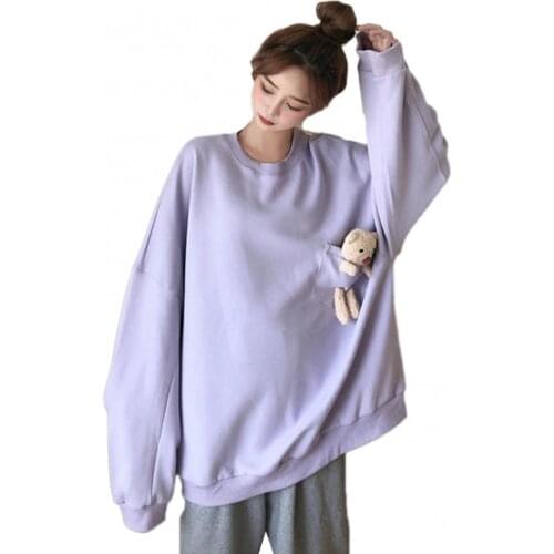Women Autumn Long Sleeve Pocket Cute Bear Blouse Top O Neck Oversized Sweatshirt