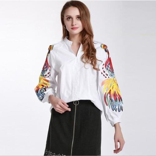 Womens spring autumn lantern sleeve casual loose white cotton shirt ladys embroidery blouse TB338