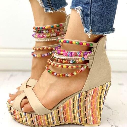 2021 For Dropship High Heels Leisure Platform Bohemia String Bead Chains Summer Sandals Womens Wedges Shoes Female Big Size 43