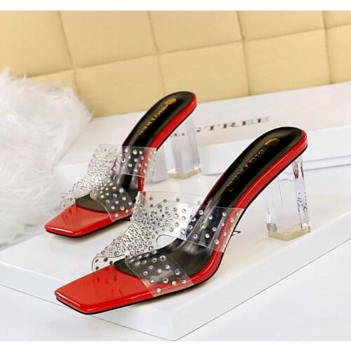 BIGTREE New Fashion Rhinestone PVC Transparent Women Summer Slippers Square Peep-Toe Sandals Crystal Perspex Heels Ladies Shoes