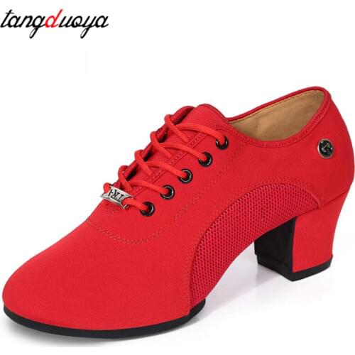 Womans Latin Ballroom Dance Shoes Soft Sole Cloth Women Tango Practice Dance Shoes Middle Heel Ladies Non-Slip Dance Sneakers