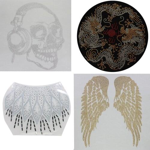 Skull Wings Dragon Patches Hot Fix Rhinestone Transfer Motifs Iron on Design Applique for Shirt Bag Coat 2pcs TH2359