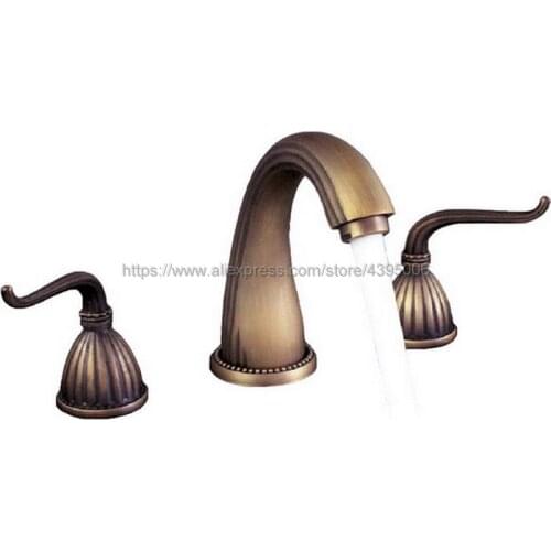 Antique Brass Widespread Bathroom Basin Faucet Dual Handle 3 Holes Basin Mixer Sink Taps Deck Mounted Bnf201