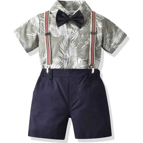 Toddler Baby Suit Boys Gentleman Suits Outfit Clothes Bow Tie Print Shirt Top Shorts Set Beach Kids Clothing