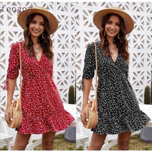 FEOGOR 2021 Amazon EBay Hot Selling AliExpress Wish European and American V-neck Five-Quarter Sleeve Womens Pleated Dress