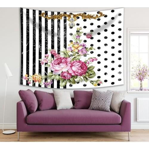 Tapestry Flowers Bouquet Polka Dots Stripes Aged Look Floral Decorative Art Pink Green Yellow Black White