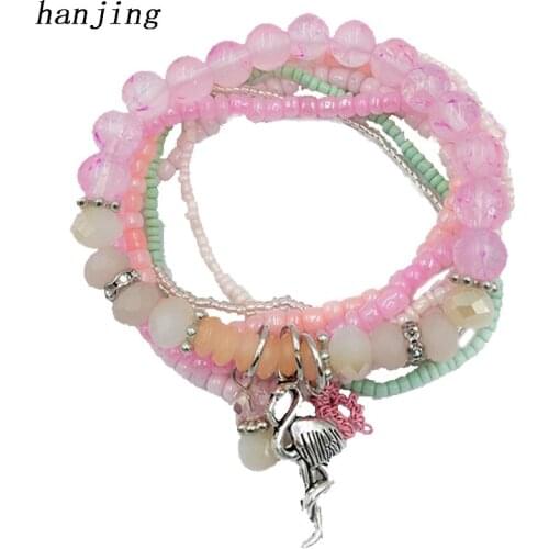 Hanjing 7pcs /set New Adjustable Open Separate Multilayer Flamingo Multicolor Crystal Glass Bead Bracelet And Bangles For Woman