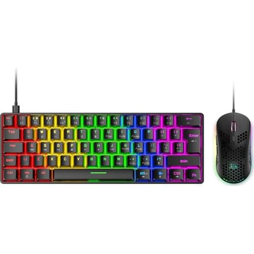 62 Keys Gaming Mechanical Keyboard Set 60% RGB Chroma Wired Keyboard With Mouse Combo For Ipad/Laptop - Black (Red Switch)
