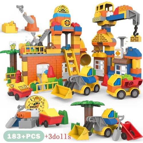 Big Size City Construction DIY Excavator Vehicles Bulldoze Robot Building Blocks Compatible Duploed Enlighten Bricks Kids Toys