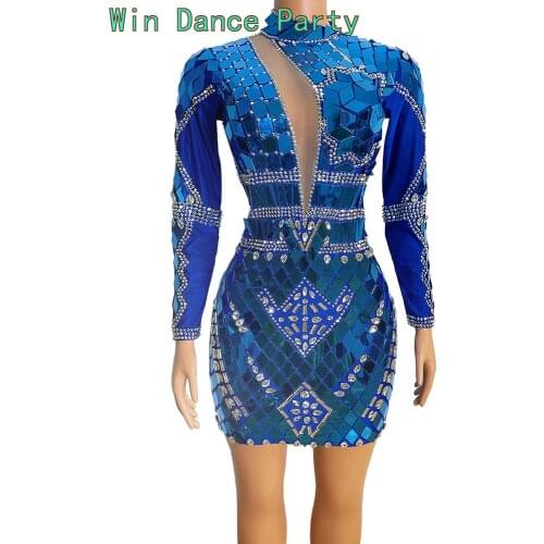 Flashing Silver Sequin Short Dress Birthday Celebrate Spandex Mirror Outfit Prom Party Bar Women Dancer Dress