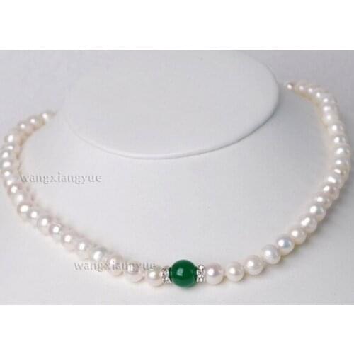 Real 7-8mm White Akoya Pearl & Green gem stone Round Beads Necklace 18" natural Luxury Ms. girl Wedding Jewelry