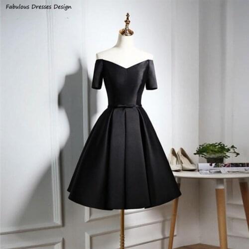 Cheap Black Mini Short Bridesmaid Dresses Short Sleeve Off Shoulder Backless A Line Prom Dress Vestido De Fiesta De Boda