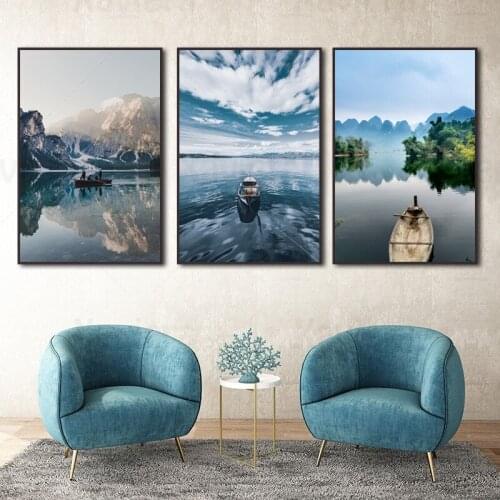 Landscape Canvas Painting Small Boat In Lake Natural Scenery Poster Home Restaurant Bedroom Living Room Wall Art Decor Pictures