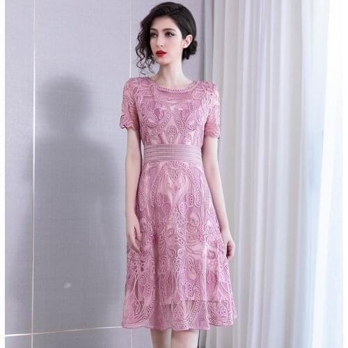 XXXXL Dress Vestidos De Festa 2019 Summer Fashion Party Cocktail Women O-Neck Allover Exquisite Embroidery Dress Blue Wine Red