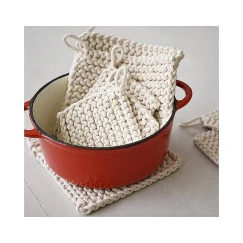 Handmade Cotton DishesMat Coasters Dining Table Functional Heat Insulation Pot Holder Pad Line Weaving Hanger Decoration