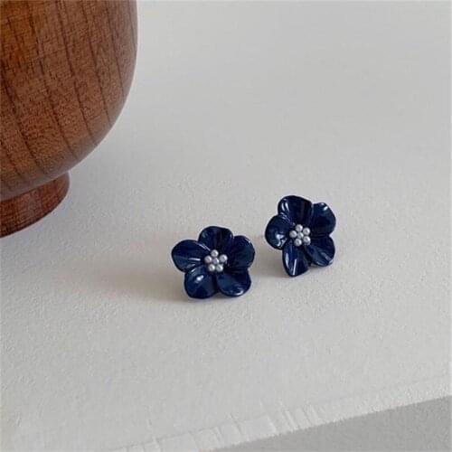 Blue Flower Pearl Earrings for women French Style Stud Earrings Wedding Party Fashion Jewelry Wholesale