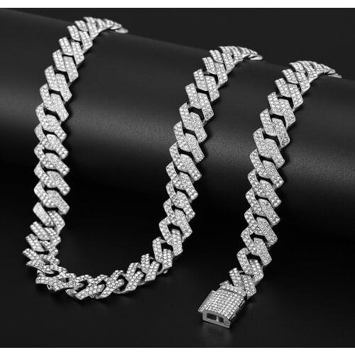 Hip Hop 15MM Heavy Watch+Prong Cuban Necklace Bling Crystal AAA+ Iced Out Rhinestones Chains For Men Jewelry