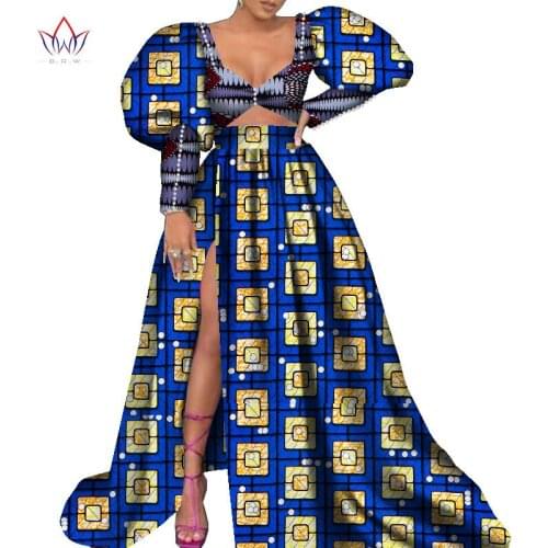 African Women Top and Mermaid Skirt Sets Bazin Riche African Print Puff Sleeve Women 2 Pieces Skirts Sets Party Clothing WY8459