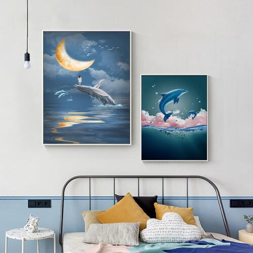 Frameless Nordic Modern Light Luxury Abstract Decoration Dolphin Canvas Painting Living Room Bedroom Sofa Background Home Decor