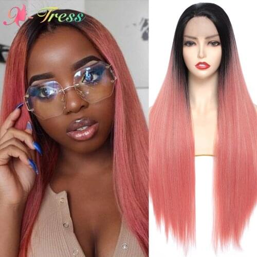 X-TRESS Synthetic Lace Front Wigs For Black Women Dark Roots Ombre Synthetic Long Straight Pink Wig Heat Resistant Cosplay Wigs