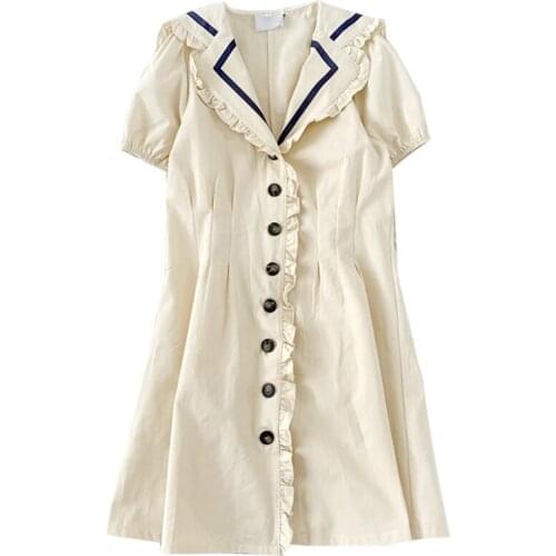 Japanese sweet girl wood ears side navy collar puff sleeves buttoned waist all-match dress