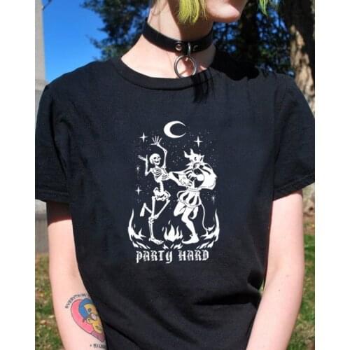Gothic Skeleton party hard T-Shirt 100% Cotton funny unisex street style graphic grunge women casual Fashion tshirt top tee