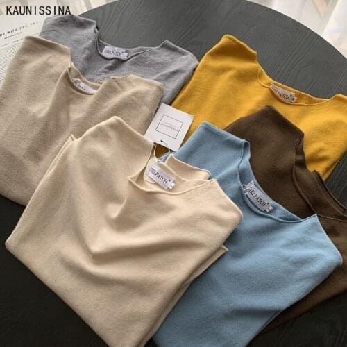 Womenn Long Sleeve Bottoming Shirt Casual All-match Solid Neckline Curling Tee Shirts Autumn Korean style Elastic T-shirt Tops