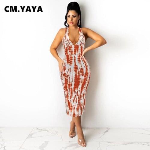 CM.YAYA Women Long Dress Print Sleeveless V-neck Bandage Halter Backless Stretchy Maxi Dresses Sexy Fashion Vestidos Summer 2021