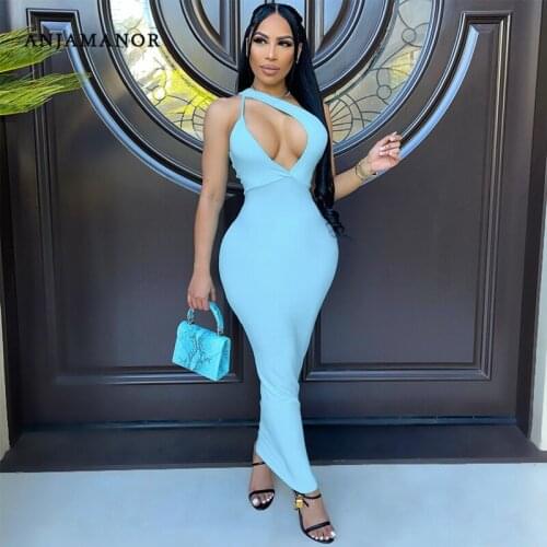 ANJAMANOR Sexy Cutout One Shoulder Maxi Dresses for Women Party Night Club Wear Solid Color Bodycon Long Dress D37-CE38
