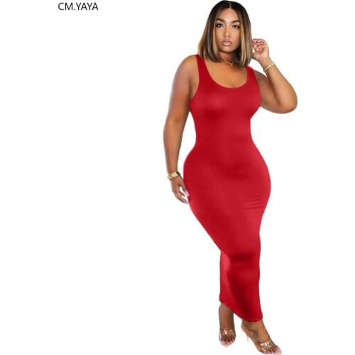 CM.YAYA Women Solid Color Sleeveless Bodycon Midi Maxi Tank Dress Classic Fashion Bandage Long Dresses 6 Colors