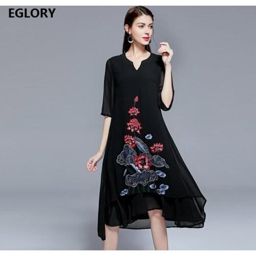 High Quality Chiffon Dress Plus Size Clothing Women Cute Birds Floral Embroidery Half Sleeve Mid-Calf Length Black Dress Female